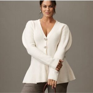 NWT Anthropologie Maeve Puff-Sleeve Heart-Button Rhinestones Cardigan Sweater